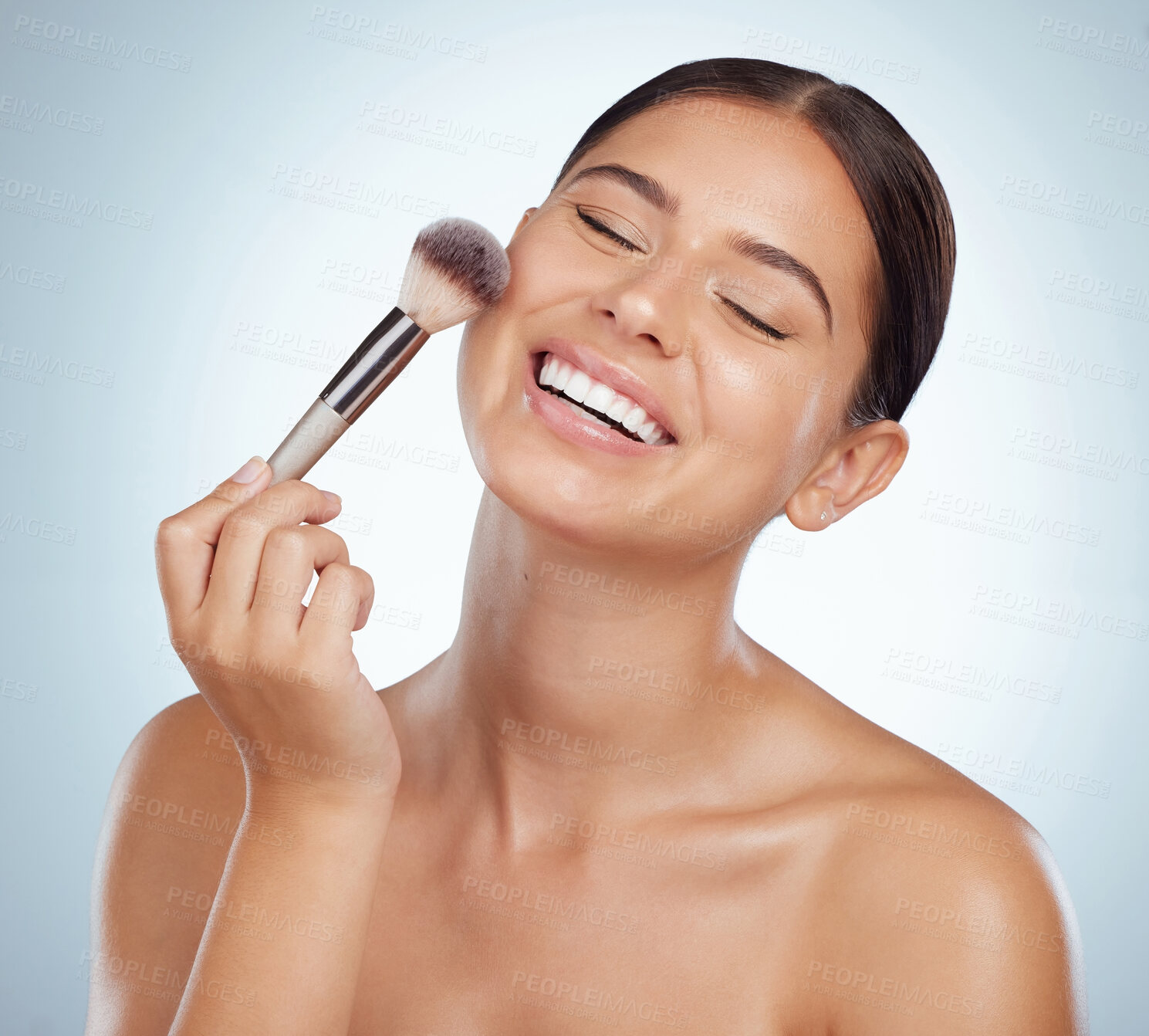 Buy stock photo Makeup artist, apply or happy woman with smile or brush foundation routine product or tools for skin. Studio, girl and model with beauty equipment for face cosmetics treatment on white background