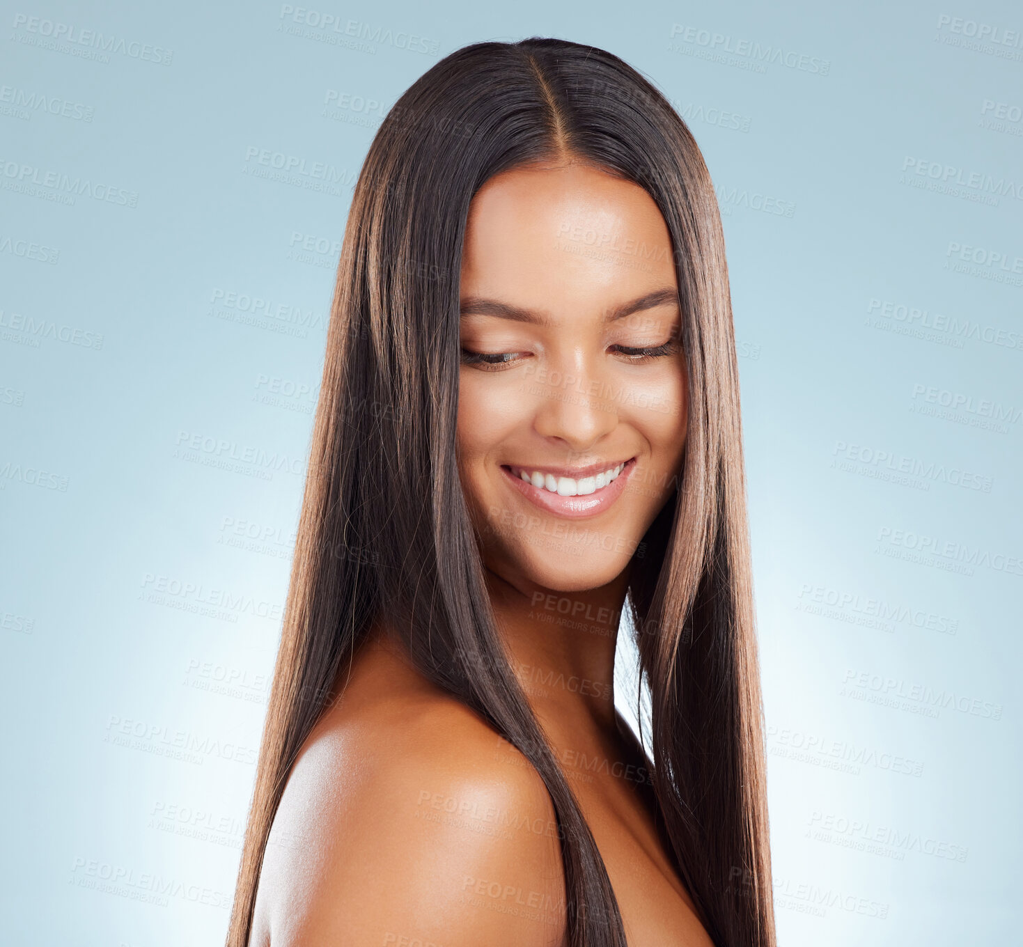 Buy stock photo Happy woman, straight and hair care in studio, keratin treatment and smooth on blue background. Female person, growth and cosmetics shampoo or conditioner for healthy scalp, clean and brazilian
