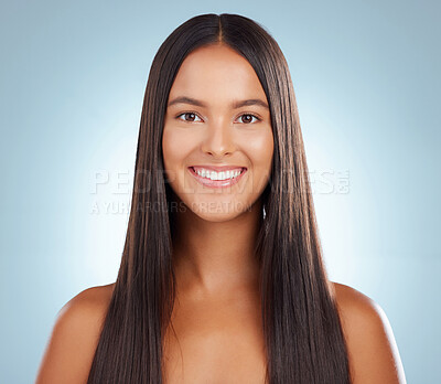 Buy stock photo Happy woman, straight and hair care in studio portrait, keratin treatment and smooth on blue background. Female person, growth and cosmetics shampoo or conditioner for scalp, clean and brazilian