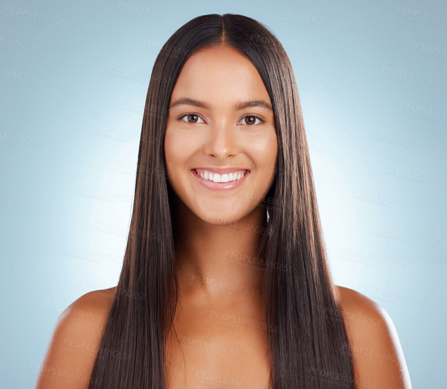 Buy stock photo Happy woman, straight and hair care in studio portrait, keratin treatment and smooth on blue background. Female person, growth and cosmetics shampoo or conditioner for scalp, clean and brazilian