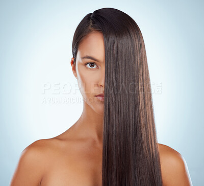 Buy stock photo Hair care, studio and portrait of woman with straight hairstyle, luxury color treatment and confidence in salon. Keratin, strong haircut and face of Brazilian model girl isolated on white background