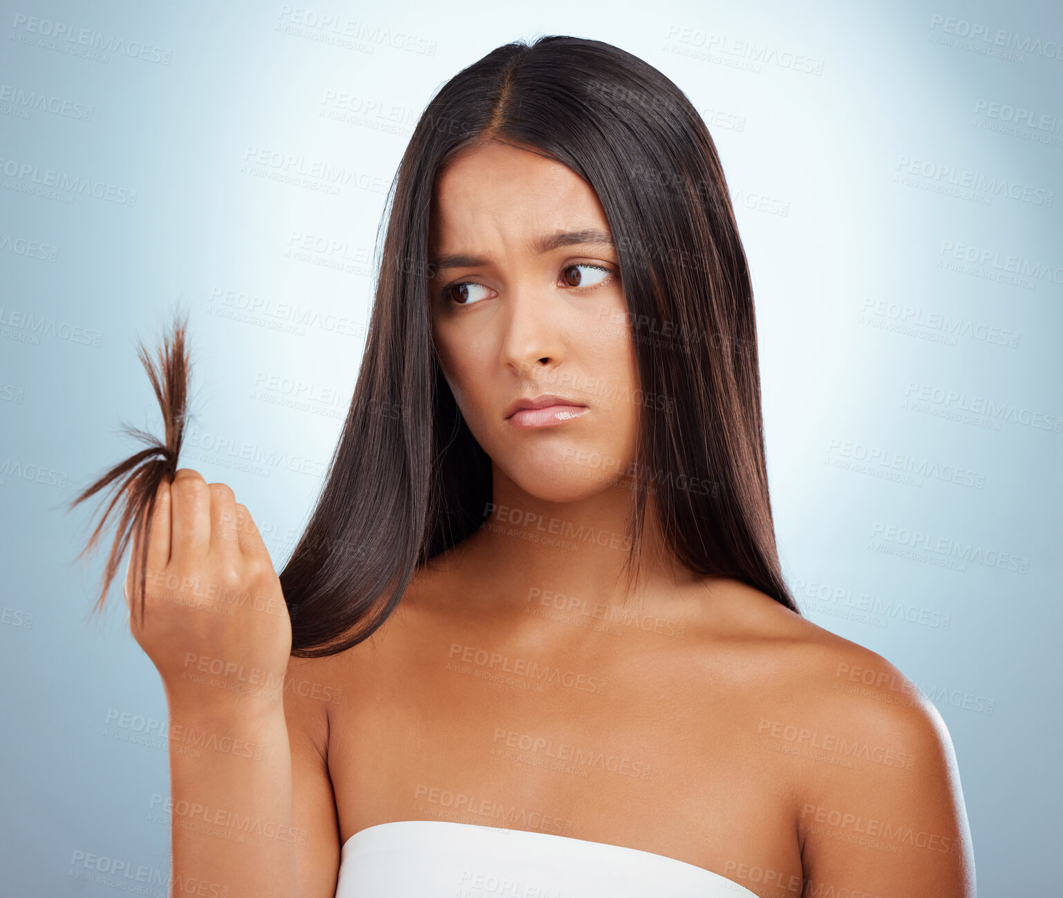 Buy stock photo Hair care, studio and girl with split ends, texture and checking haircut damage with salon results. Keratin treatment, dry hairstyle and worried Brazilian model woman isolated on blue background.