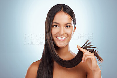 Buy stock photo Hair care, studio and portrait of happy woman with strong hairstyle, luxury color treatment and smile in salon. Keratin, straight haircut or confident face of Brazilian model girl on white background