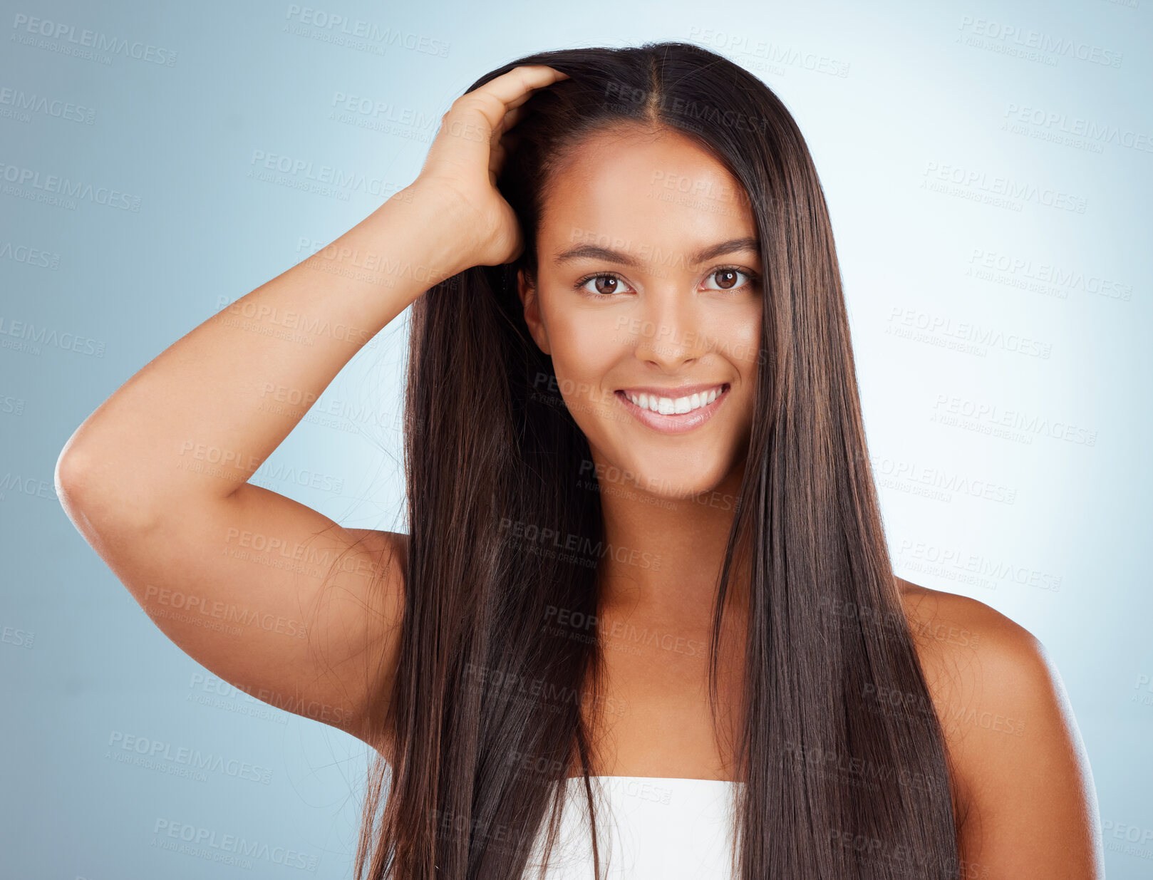 Buy stock photo Hair care, studio and confident portrait of woman with straight hairstyle, luxury salon treatment and smile. Keratin, soft touch and face of happy Brazilian model girl isolated on blue background