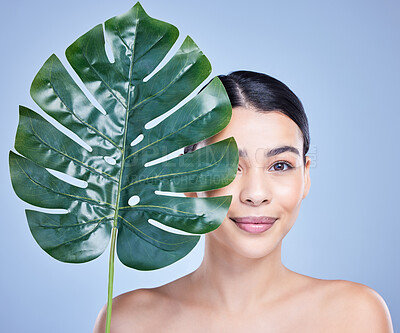 Buy stock photo Plant, portrait or girl with skincare for beauty on blue background with herbs, shine or glow. Monstera leaf, confident model or proud woman in studio with cosmetics, hydration or makeup for results