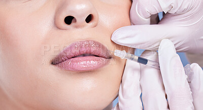 Buy stock photo Hands, woman and injection on lips for skincare filler, plastic surgery and dermatology toxin in studio. Face, beauty or syringe closeup on mouth for medical treatment, aesthetic or collagen cosmetic