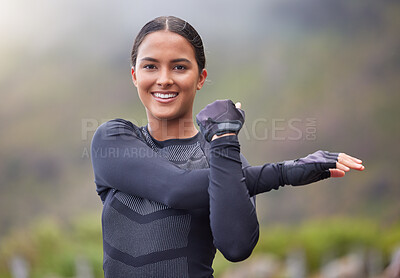 Buy stock photo Fitness, woman and stretching arms in portrait with getting ready for workout, exercise and training in nature. Athlete, runner and happy with warm up outdoor for marathon, performance and wellness