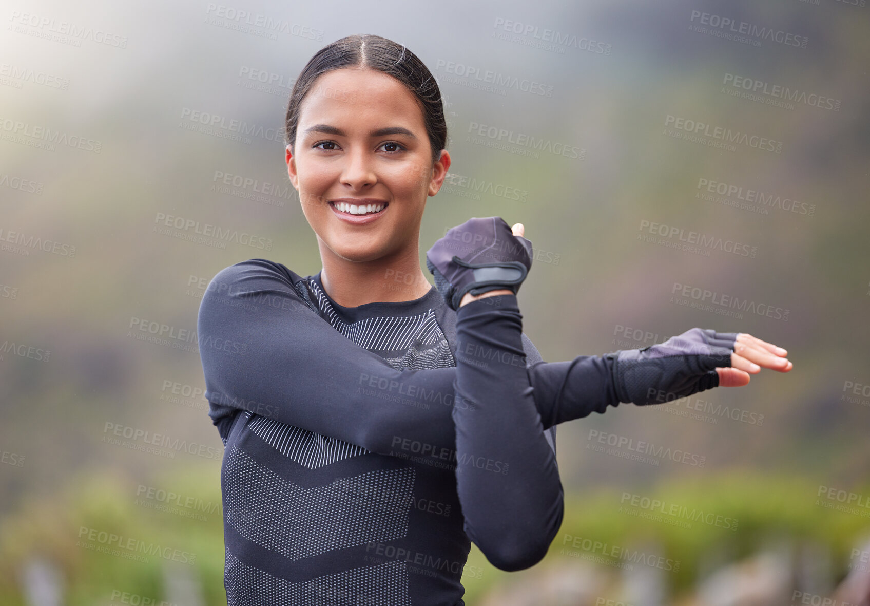 Buy stock photo Fitness, woman and stretching arms in portrait with getting ready for workout, exercise and training in nature. Athlete, runner and happy with warm up outdoor for marathon, performance and wellness