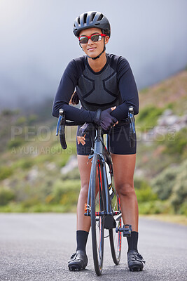 Buy stock photo Sport, person and cycling portrait in road for cardio workout, adventure and physical activity in nature. Fitness, cyclist and happy with bicycle in street for endurance, hobby and competition break