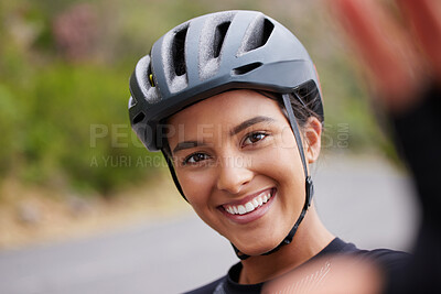 Buy stock photo Cycling, woman and happy with selfie in nature for fitness progress, social media post or profile picture update. Athlete, cyclist or photography with smile on road for workout, competition or cardio