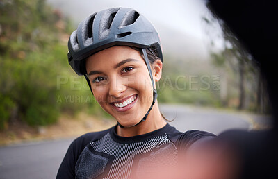 Buy stock photo Cycling, woman and portrait with selfie in nature for fitness progress, social media post and profile picture update. Athlete, happy cyclist or photography on road for workout, competition and cardio