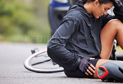 Buy stock photo Cycling, injury and woman with leg pain on road for fitness, problem and stress of car accident. Cyclist, health and anxiety with muscle tension for transport collision, exercise or outdoor emergency