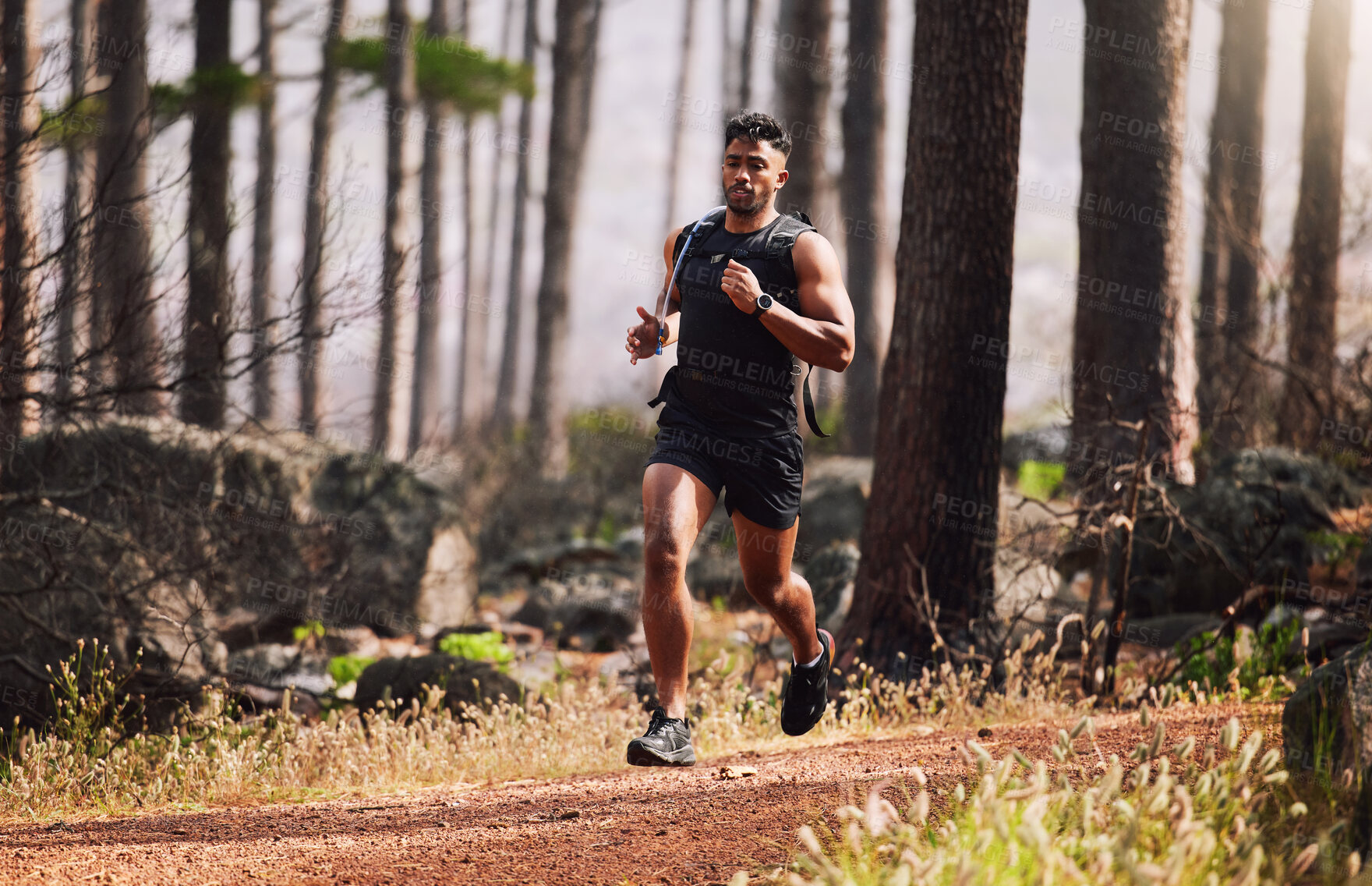 Buy stock photo Running, man and serious with fitness in forest for healthy body, cardio or exercise in morning. Athlete, person and trees with workout in nature for sports, wellness or training for weekend marathon