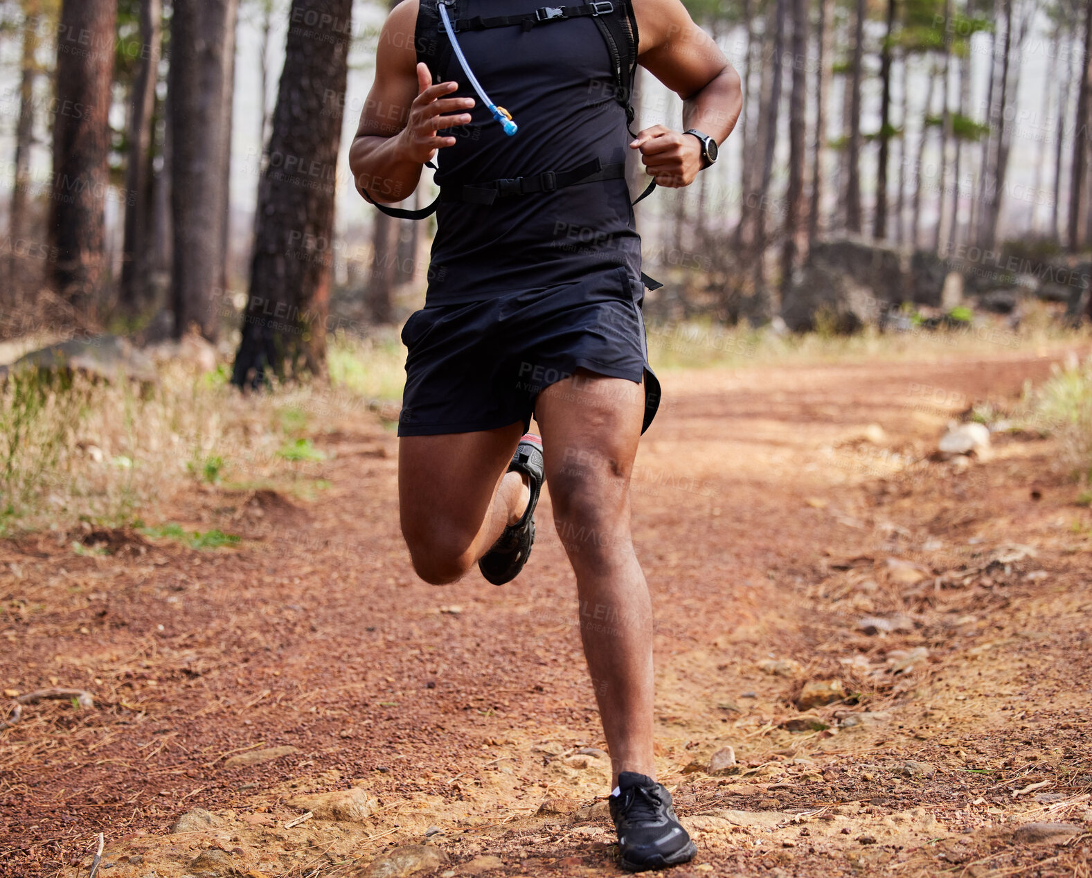 Buy stock photo Running, man and body with fitness in forest for cardiovascular health, exercise and endurance. Athlete, person and trees with workout in nature for wellness, sports and training for weekend marathon