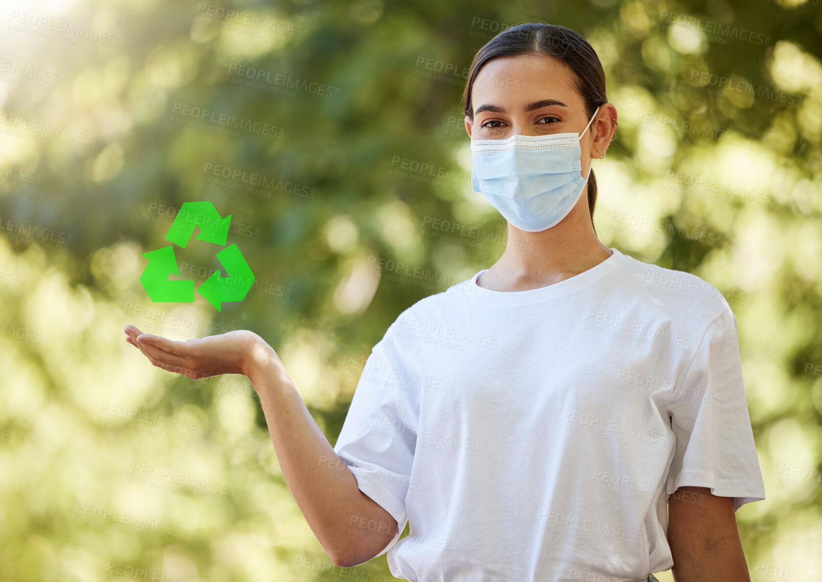 Buy stock photo Recycle, sign and portrait of woman in park with mask for sustainability, waste management and forest care. Nature, earth and volunteer with green arrow icon for climate change, pollution or cleaning