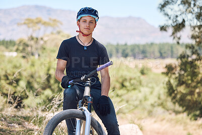 Buy stock photo Sports, nature and portrait of man on bicycle for training, workout and exercise in countryside. Fitness, cycling and person with mountain bike for adventure, cyclist and adrenaline on dirt trail