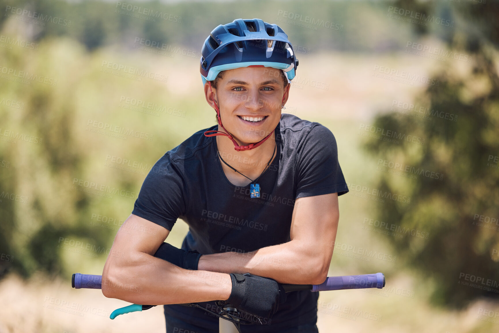 Buy stock photo Sports, happy and portrait of man on bicycle for training, workout and exercise in countryside. Fitness, cycling and person with mountain bike for adventure, outdoor and adrenaline on dirt trail