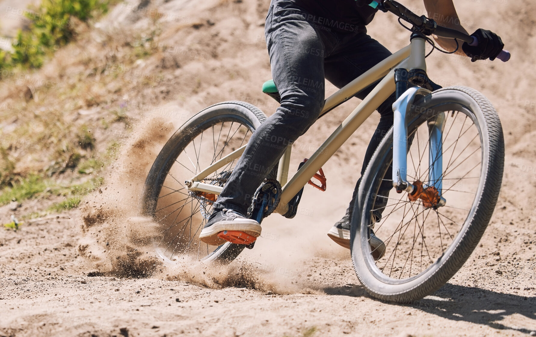 Buy stock photo Action, sand and person on bicycle for riding, fitness and exercise outdoor with race, speed or dirt. Athlete, performance and off road mountain bike cycling for adventure, sport or workout in nature