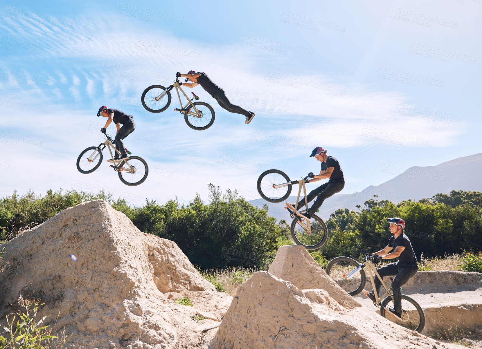 Buy stock photo Jump, cycling and person on dirt bicycle with adventure, adrenaline and speed in stunt competition, Extreme sport, trick and athlete on bike for challenge, talent or energy on action course in nature