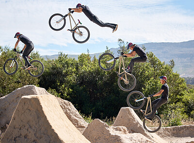 Buy stock photo Jump, cycling and person on stunt bike with adventure, adrenaline or speed in competition timelapse. Extreme sport, trick and athlete on bicycle challenge, talent or energy on action course collage