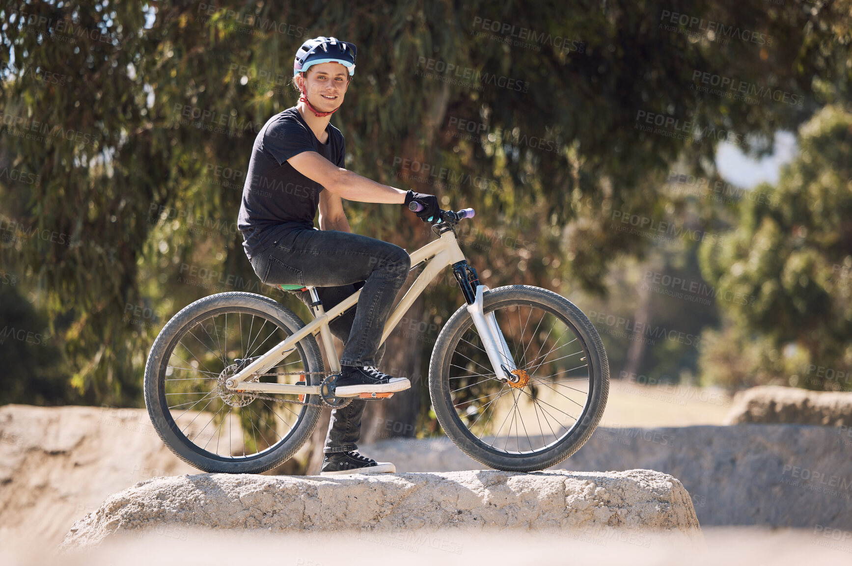 Buy stock photo Sports, fitness and portrait of man on bicycle for training, workout and exercise in countryside. Nature, cycling and person with mountain bike for adventure, outdoor and adrenaline on dirt trail