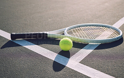 Buy stock photo Sports, tennis court and ball with racket on floor for tournament match, game and competition. Background, closeup and equipment for fitness, exercise and training for practice, event or challenge