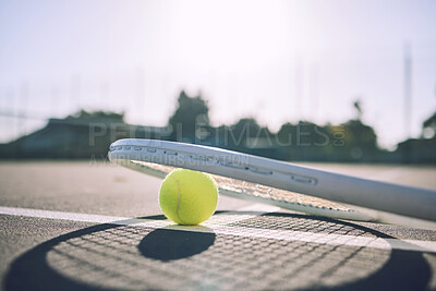 Buy stock photo Sports court, tennis and ball with racket on floor for tournament match, game and competition. Background, closeup and equipment for fitness, exercise and training for practice, event or challenge