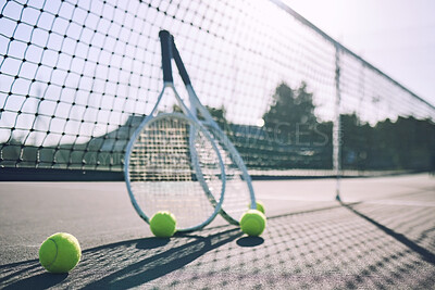 Buy stock photo Sports, tennis and ball with racket on net for tournament match, game and competition. Background, court and equipment or gear for fitness, exercise and training for practice, event and challenge