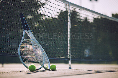 Buy stock photo Sports, tennis court and ball with racket on net for tournament match, game and competition. Background, workout and equipment for fitness, exercise and training for practice, event and challenge