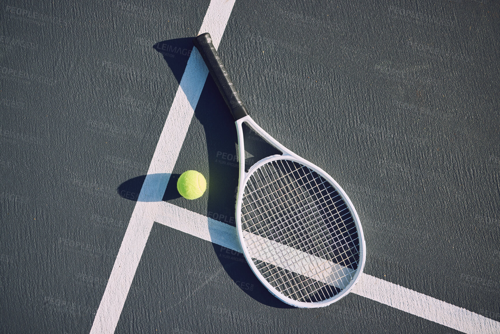 Buy stock photo Sports, tennis and above of ball with racket on floor for tournament match, game and competition. Background, court and equipment for fitness, exercise and training for practice, event or challenge