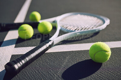 Buy stock photo Fitness, tennis court and ball with racket on floor for tournament match, game and competition. Background, closeup and equipment for sports, exercise and training for practice, event and challenge