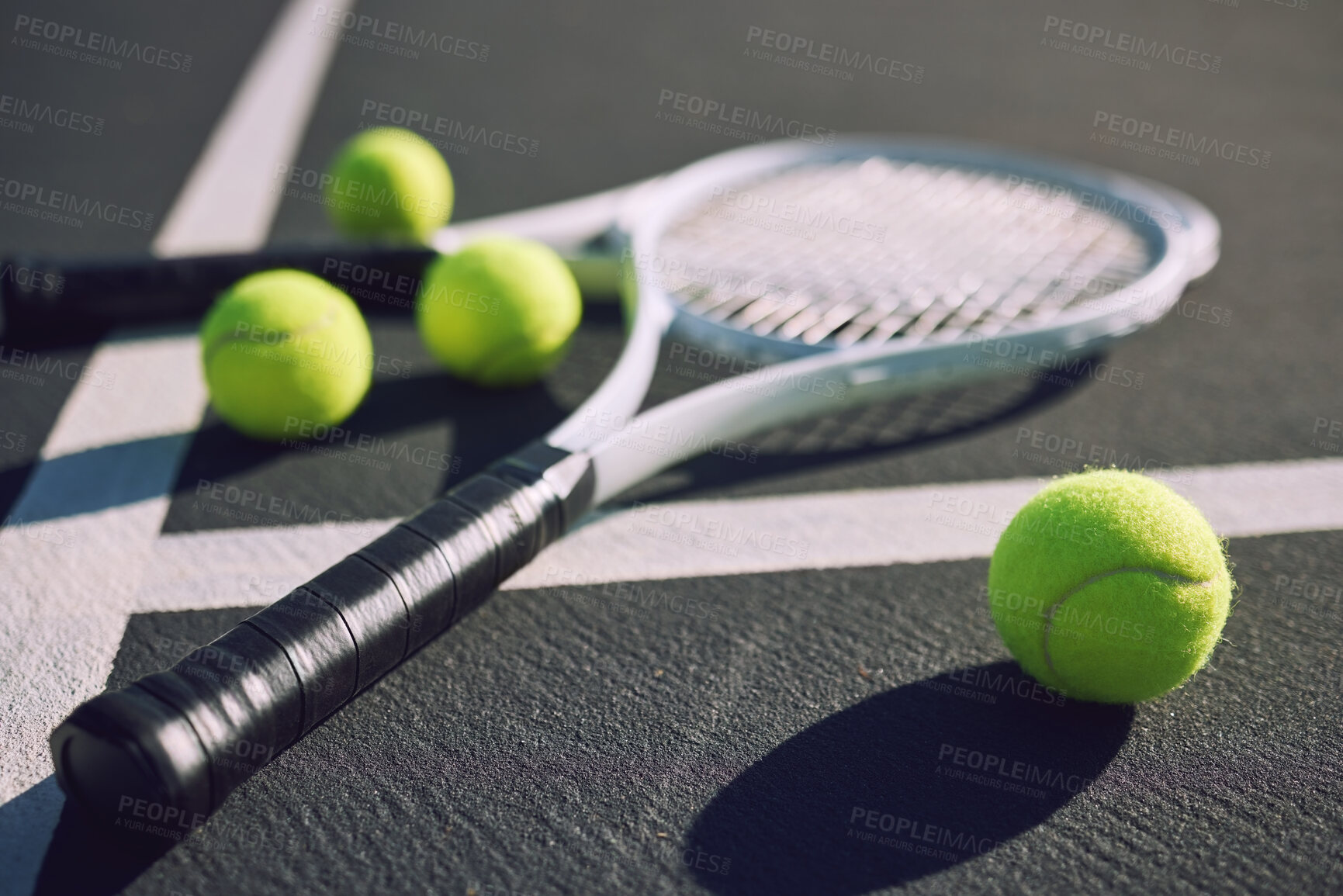 Buy stock photo Fitness, tennis court and ball with racket on floor for tournament match, game and competition. Background, closeup and equipment for sports, exercise and training for practice, event and challenge