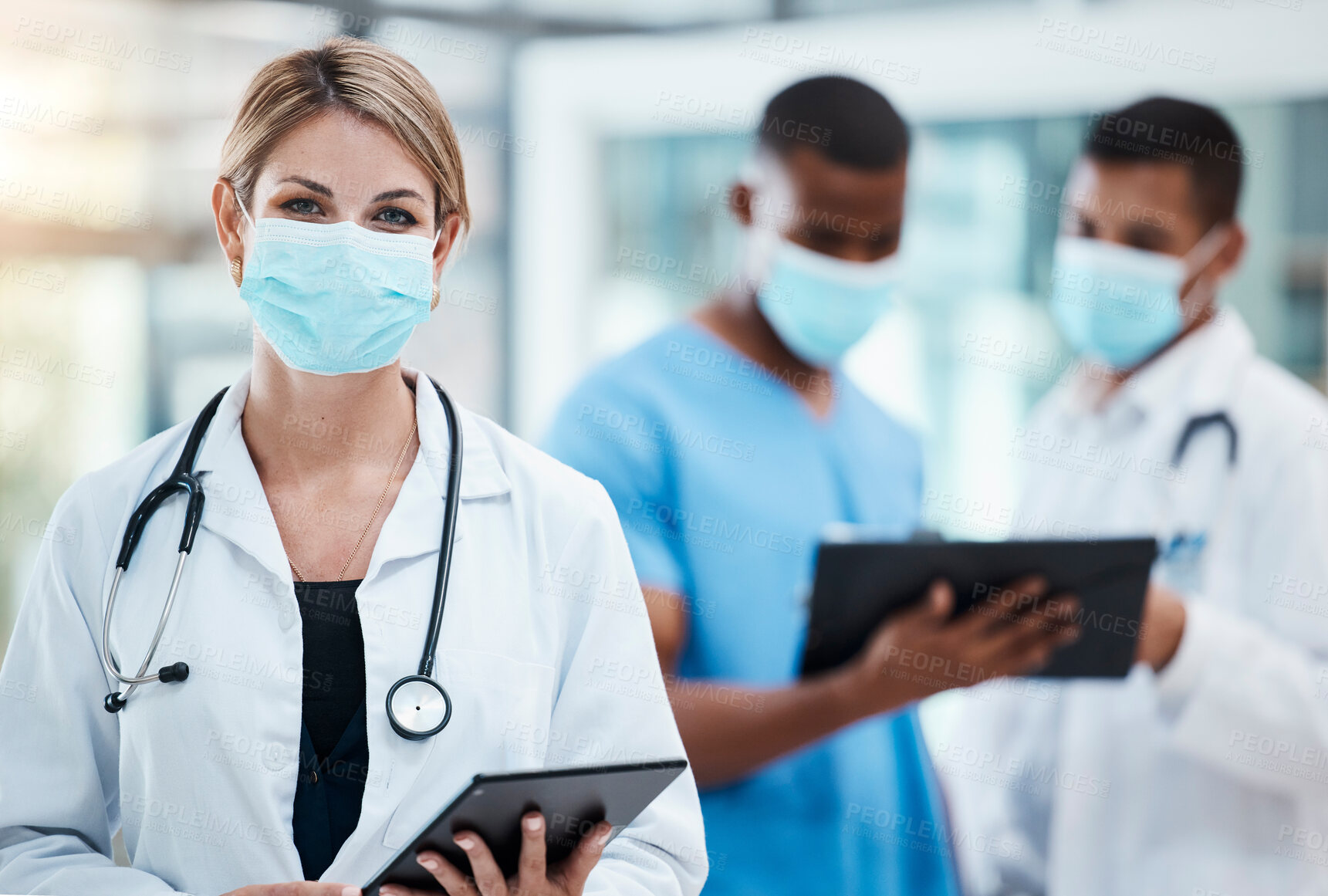 Buy stock photo Doctor in covid hospital browsing on tablet for test result, patient records and medical research. Portrait of healthcare professional, phd expert and woman working on treatment cure for flu pandemic