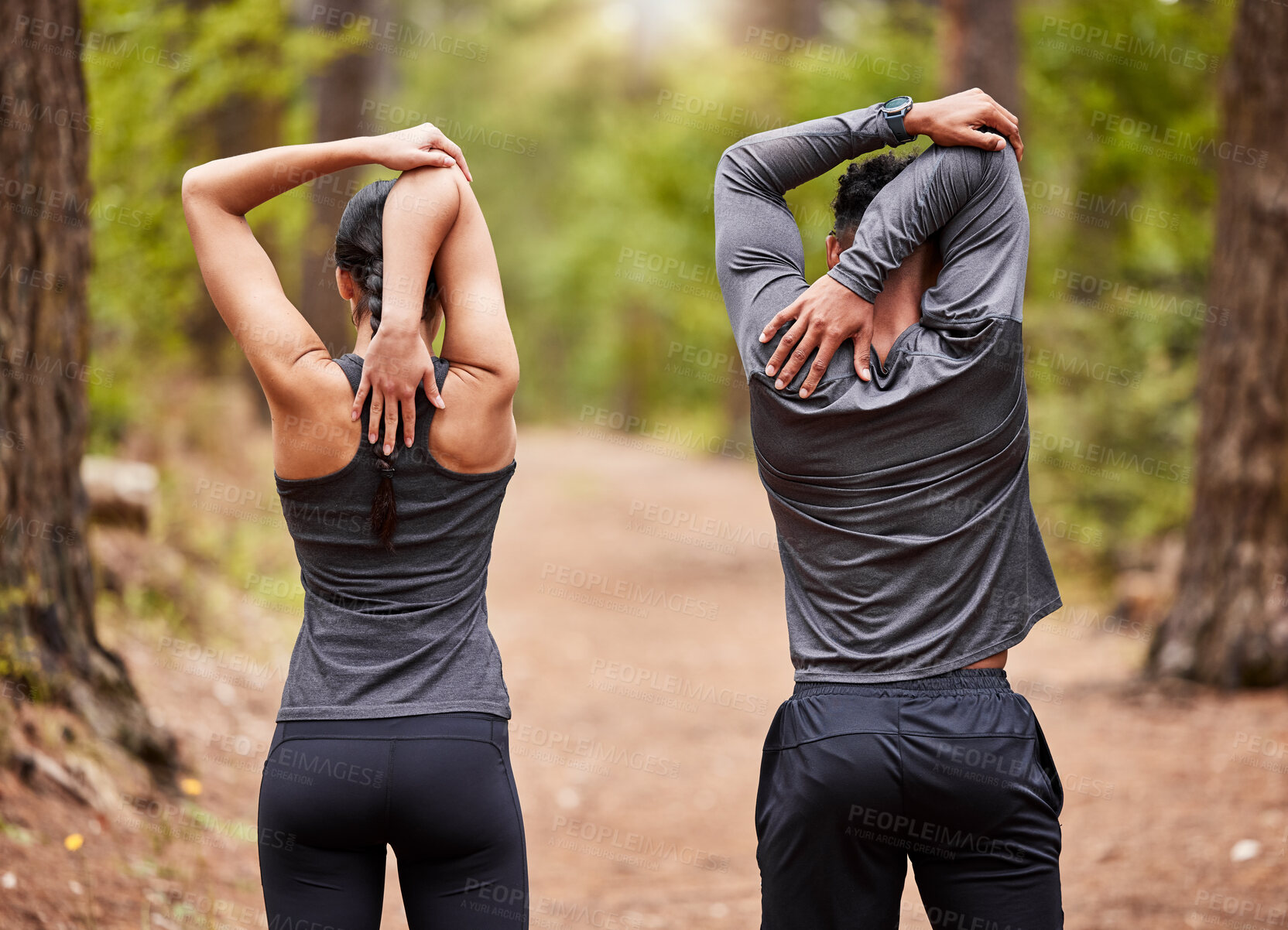 Buy stock photo Back, fitness and stretching with couple in forest for start of marathon, training or workout. Exercise, health and warm up with athlete or runner people in nature for cardio preparation together