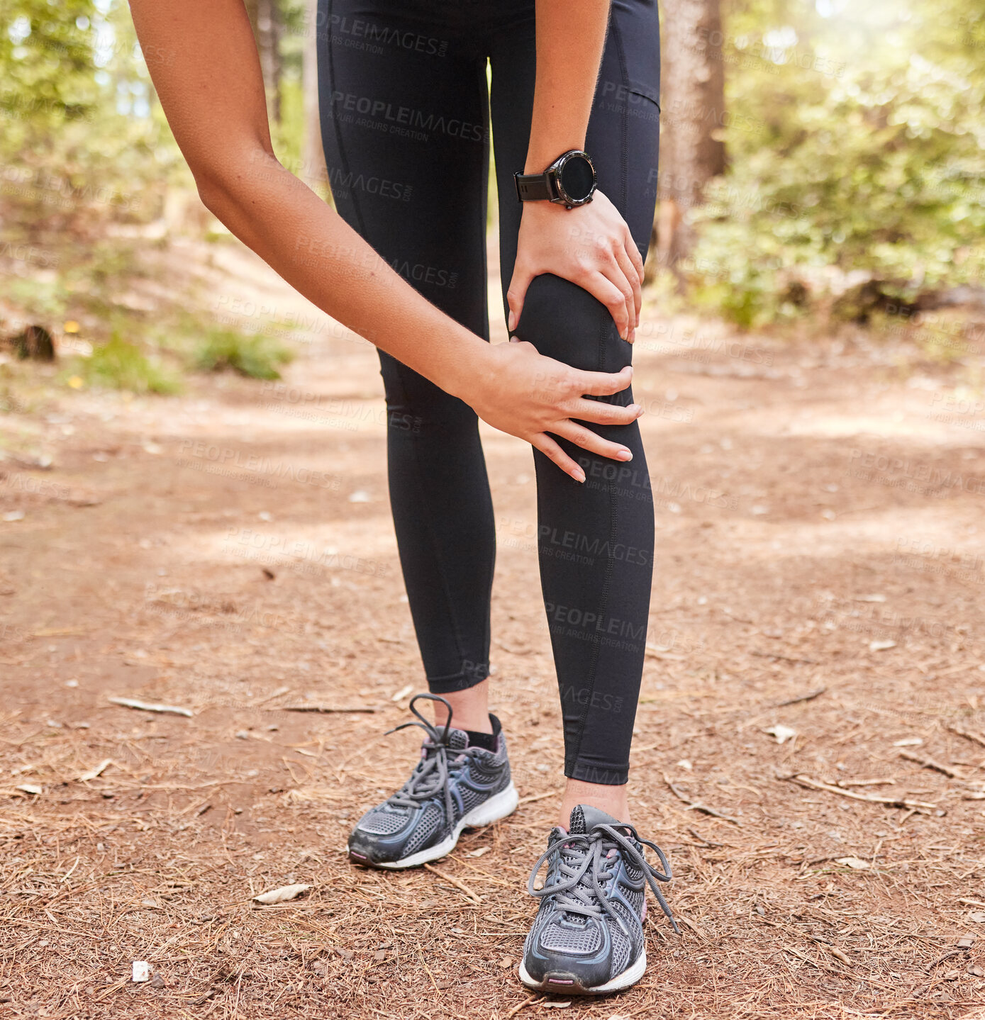 Buy stock photo Knee pain, woman and forest path for fitness, health or rest by trees to massage legs. Outdoor training, running and relax in forest for emergency joint injury, anatomy problem or runner workout