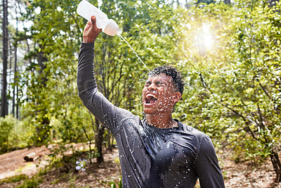 Buy stock photo Water, athlete and bottle of runner in woods with break and cool down from extreme training and exercise. Forest, sport and tired and hot man in a park ready for wellness, health and mountain workout