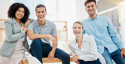 Buy stock photo Happy business marketing collaboration with team, support for diversity at startup company and creative design partnership in office at work. Portrait of corporate workers in advertising career