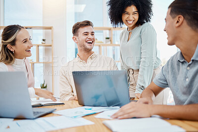 Buy stock photo Success, teamwork and happy business group working on laptop and doing paperwork in office together. Laughing colleagues checking report or documents while planning, chatting, joking and having fun