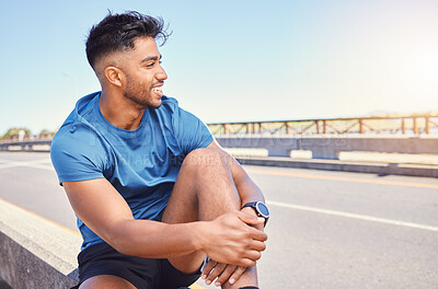 Buy stock photo Happy, thinking and fitness of man on road with rest and break from workout and runner training. Smile, sport and urban bridge with athlete in the morning with gratitude from health and wellness