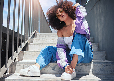 Buy stock photo Woman, portrait and fashion on urban staircase with confidence, gen z and vintage jacket outdoor. Steps, city and afro hair of an African person with trendy, hipster and retro style with cool glasses