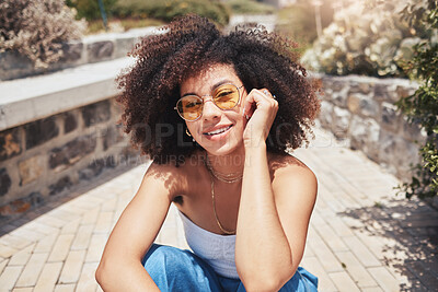 Buy stock photo Portrait, woman and fashion with sunglasses for confidence, attitude and designer clothing. Stylish, african girl and accessories with smile for outfit, trendy urban and edgy gen z in California