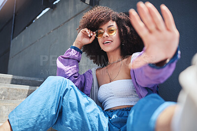 Buy stock photo Woman, fashion and portrait with smile in city with influencer, style and retro clothes outdoor. Afro, urban and confidence of African person with creativity, cool jacket and sunglasses in summer