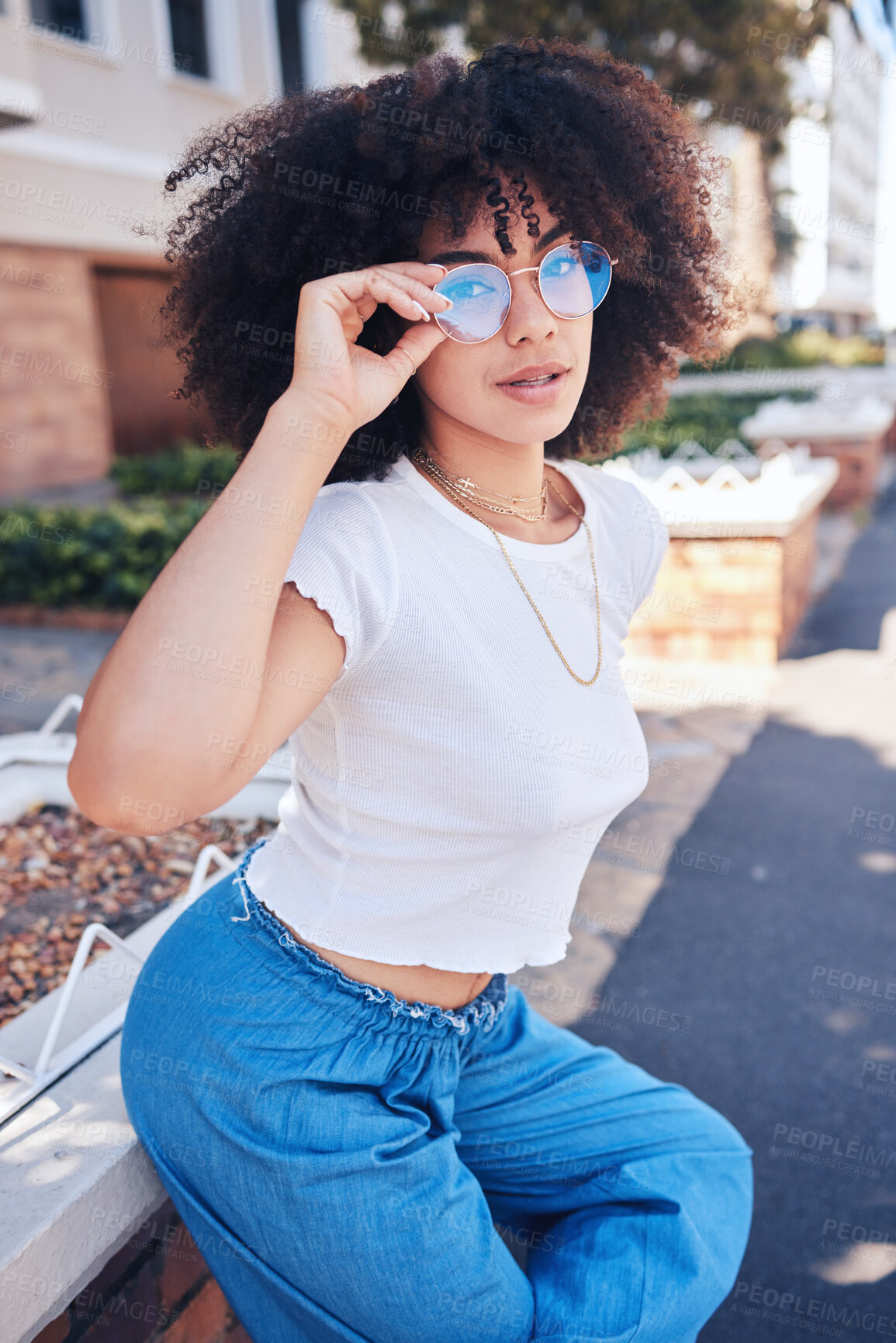 Buy stock photo Fashion, sunglasses and portrait of girl in city for trendy, urban style or vision. African woman, cool shades and outdoor to relax with accessory for protection, confidence and reflection in summer