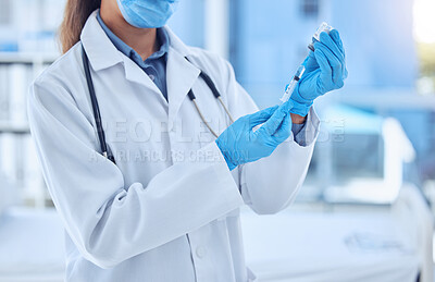 Buy stock photo Hands, dose and doctor with medicine, syringe or preparing of vaccine, prevention or healthcare. Hospital, gloves and injection for protection of flu, virus and person with test, science and solution