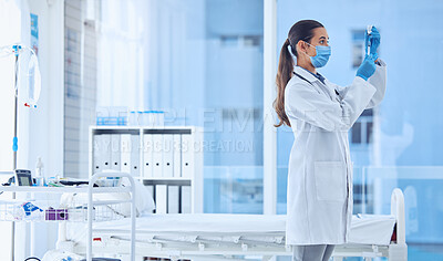 Buy stock photo Woman, doctor and needle with vial in hospital for vaccination, medicine or healthcare safety of mpox. Female person, syringe and face mask, pharmaceutical drugs and fight virus of injection solution