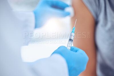 Buy stock photo Healthcare, vaccine and injection with hand in consultation, hospital or clinic checkup. Doctor, syringe and patient with medical professional for pandemic protection with covid, cleaning and care