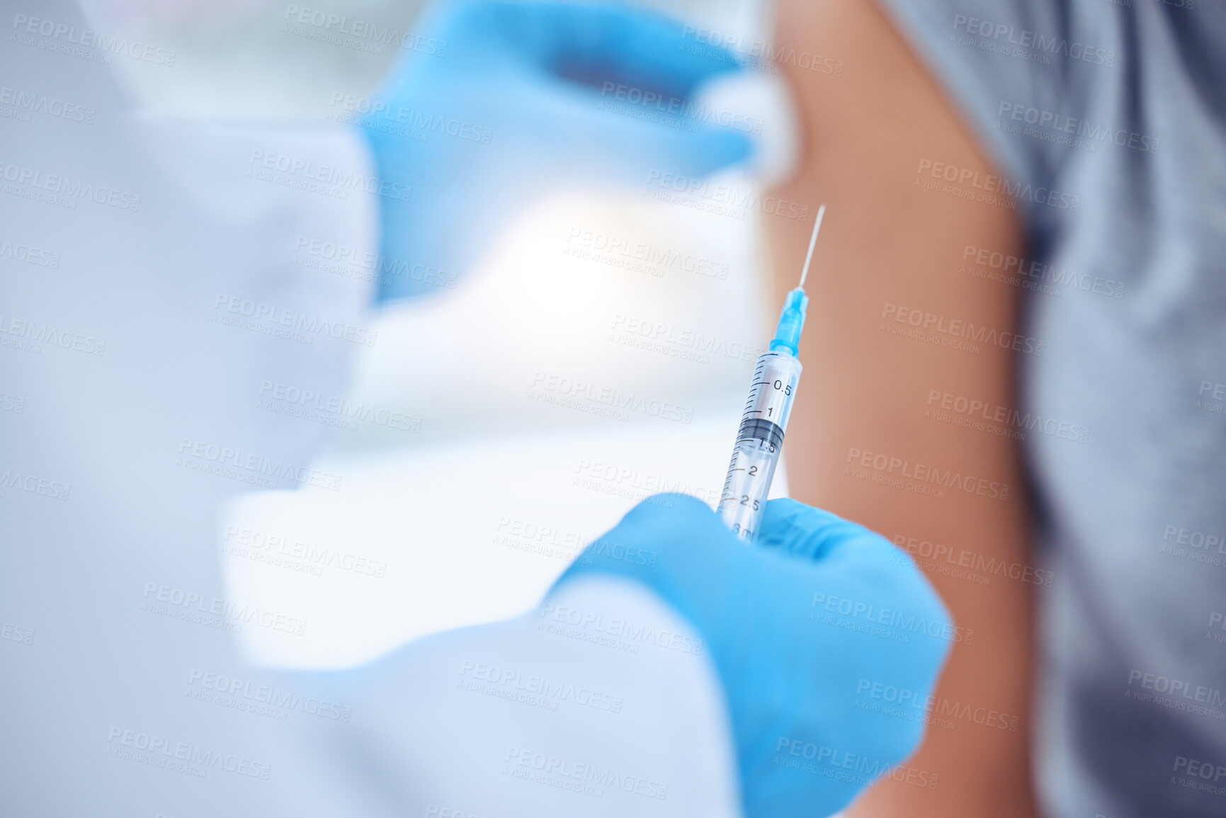 Buy stock photo Healthcare, vaccine and injection with hand in consultation, hospital or clinic checkup. Doctor, syringe and patient with medical professional for pandemic protection with covid, cleaning and care