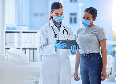 Buy stock photo Healthcare, woman and doctor with tablet in consultation, hospital or clinic checkup. Digital test, results and patient with medical professional for pandemic protection for covid compliance or care