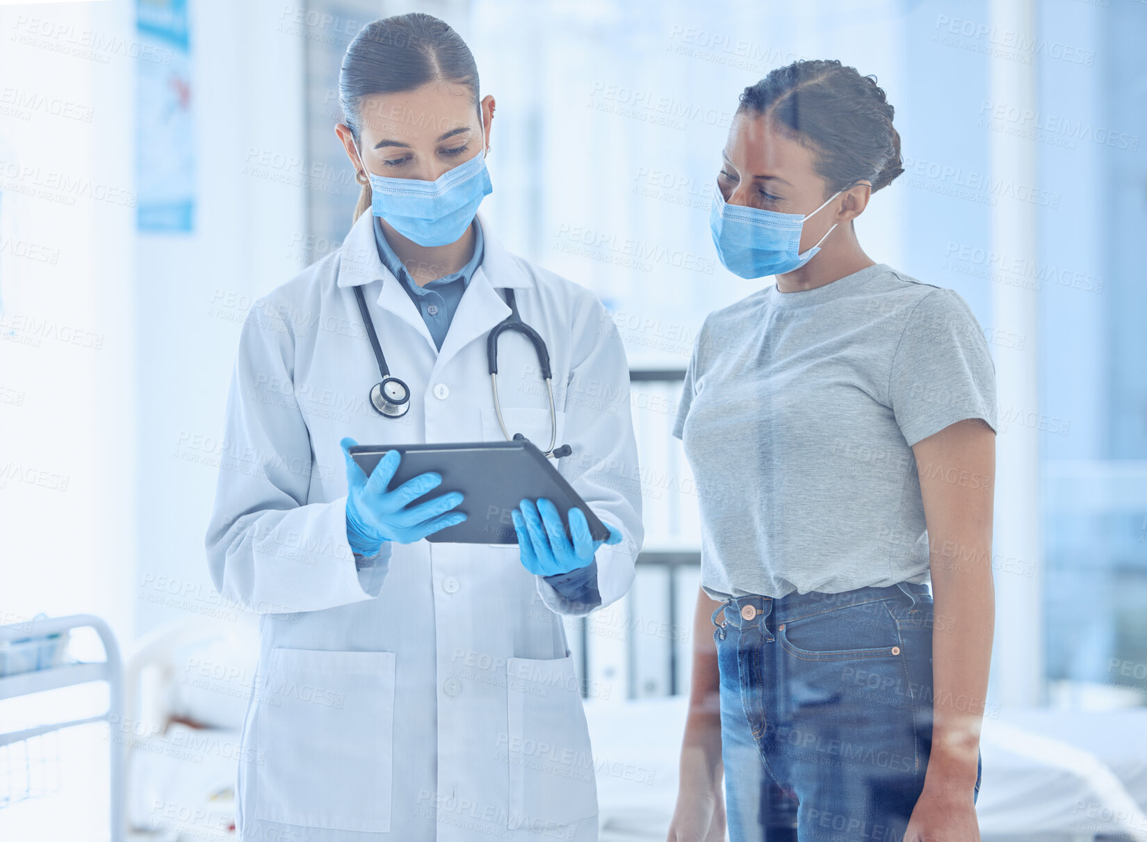 Buy stock photo Healthcare, patient and doctor with tablet in consultation, hospital or clinic checkup. Digital test, results and woman with medical professional for pandemic protection for covid compliance or care