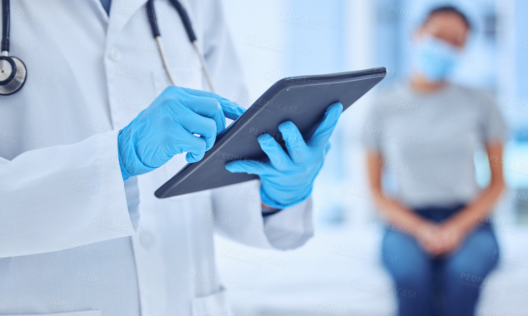 Buy stock photo Medical, doctor hands and tablet with patient for digital test, hospital or clinic checkup. Consultation, results and closeup with healthcare professional for pandemic protection for covid compliance